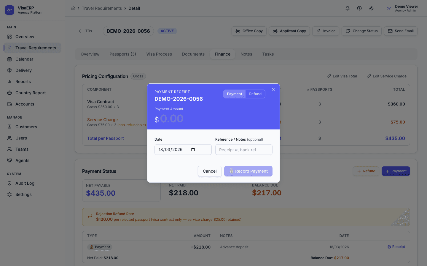 Travel Requirements - Record Payment