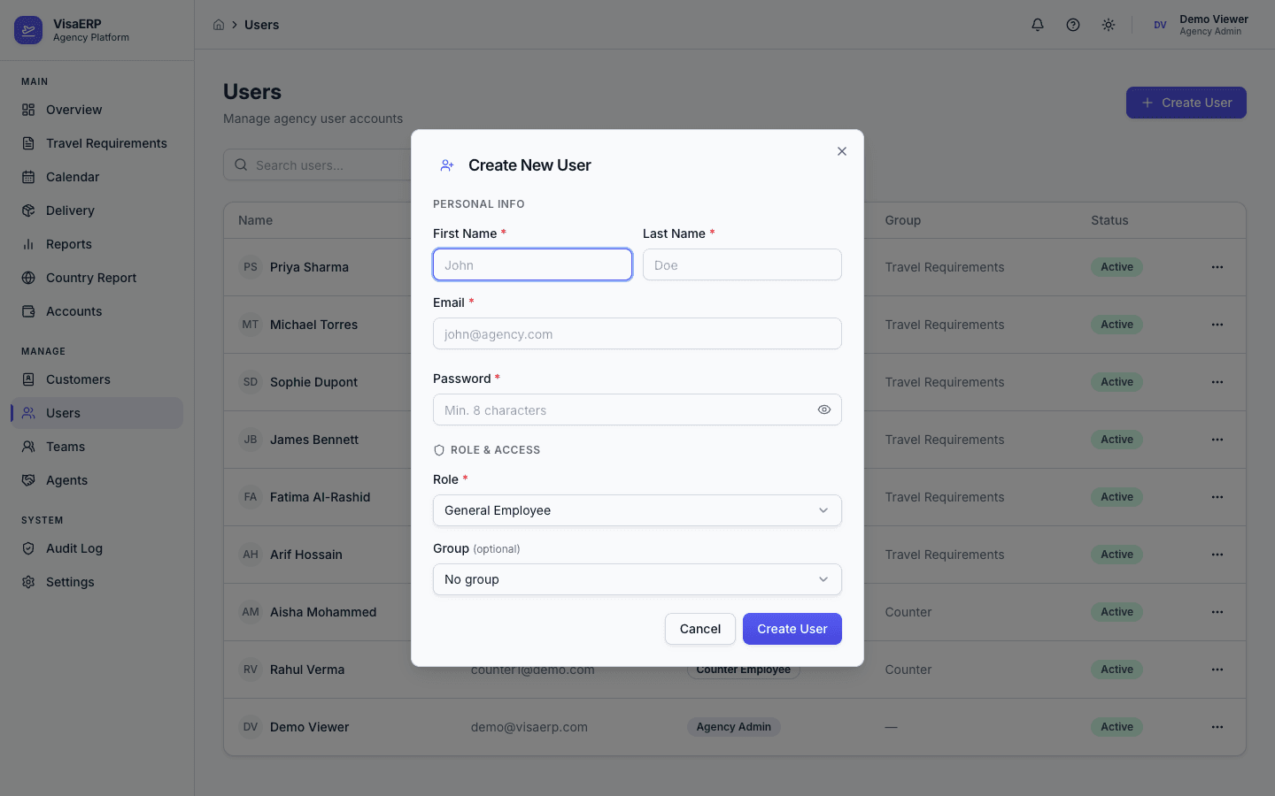 Teams, Agents & Users - Create User