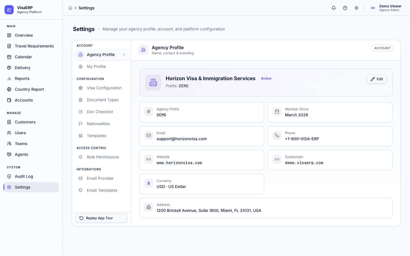 Settings - Visa configuration and rules